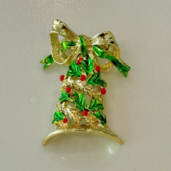 Vintage Gerry's Holiday Christmas Enamel Bell Pin Brooch w Bow 2" Long - Picture 3 of 12